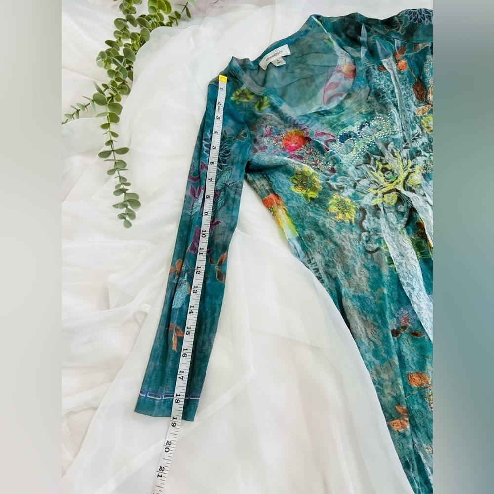 Dressbarn Y2K Lace Tunic Top Small Green Floral Sheer Sleeves Fairy Grunge - Picture 9 of 11